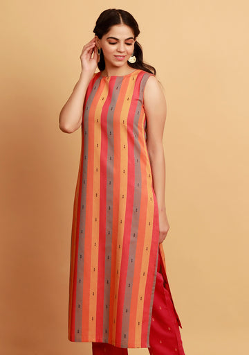 Pink Multicolor Straight Sleeveless Boat Neck Woven Kurta